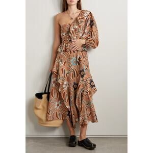 Ulla Johnson Mariam One-sleeve Ruffled Printed Silk Dress‎ - Copper Size 2